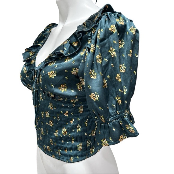 Free People Isabella Silky Floral Blouse in Jewel Forest Ruffle Detail - Picture 6 of 11